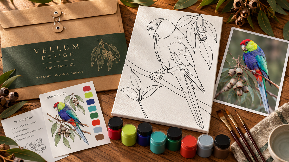 Vellum Design Paint at Home kit featuring a Western Australian Red-capped Parrot